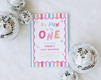 Fun to Be One Birthday Invitation, One is Fun Party Hat Birthday Party, Colorful Girl First Birthday Invite, One Year Birthday Party Invite