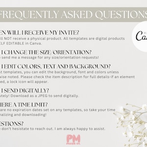 May include: A light beige graphic with the text "FREQUENTLY ASKED QUESTIONS" at the top. The text answers questions about digital templates, including editing, sending, and time limits. The Canva logo is in the upper right corner.