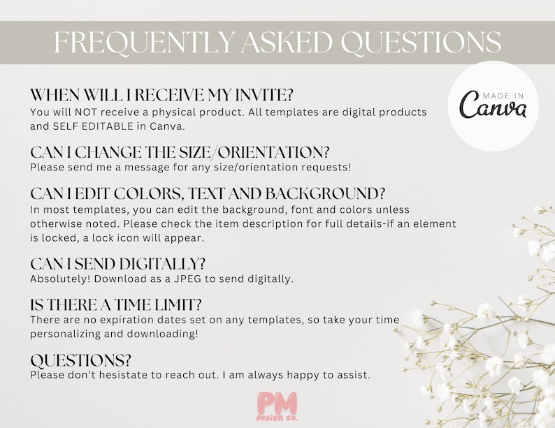 May include: A light beige graphic with the text "FREQUENTLY ASKED QUESTIONS" at the top. The text answers questions about digital templates, including editing, sending, and time limits. The Canva logo is in the upper right corner.