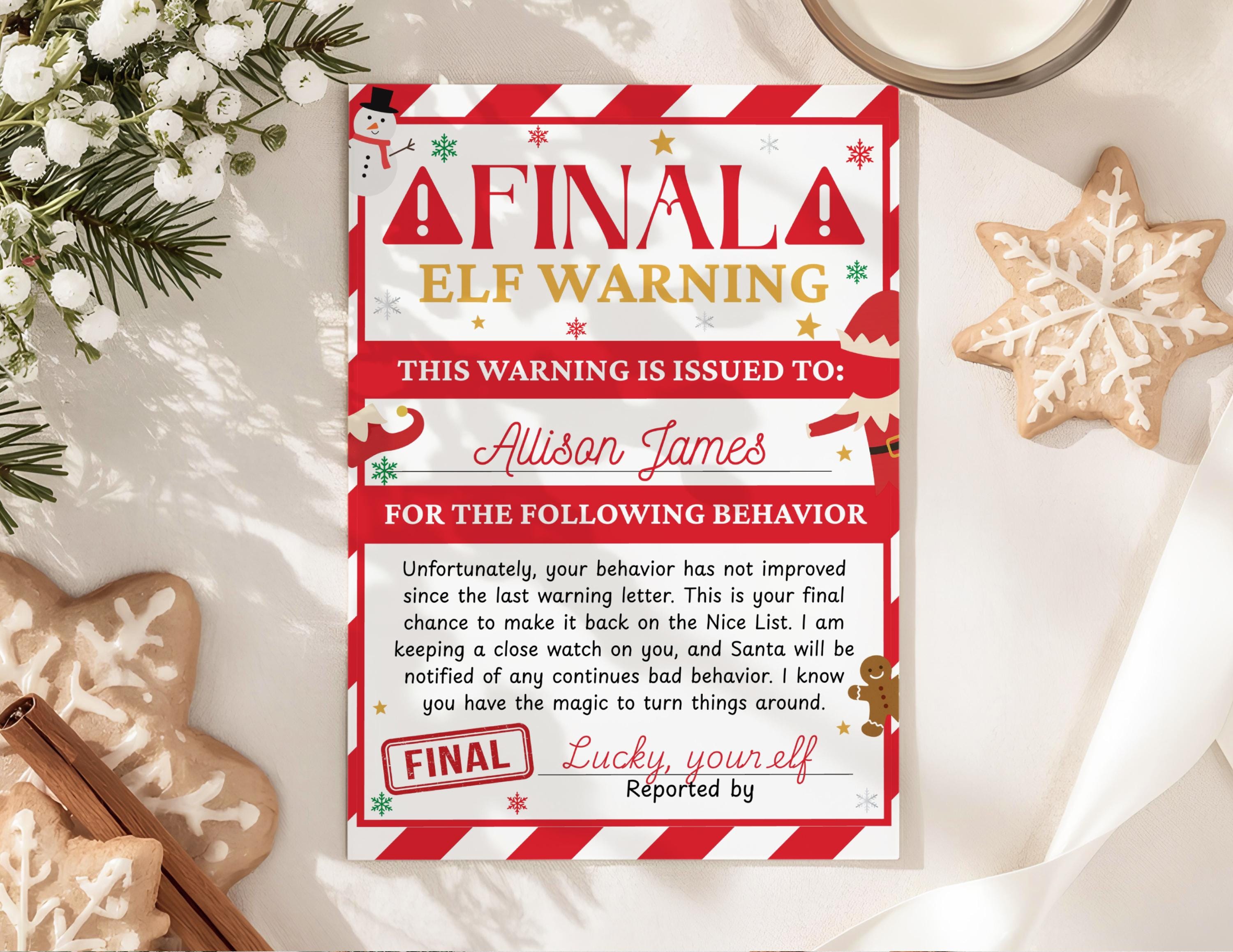 Editable Warning Letter From Elf Template Naughty List Warning ...