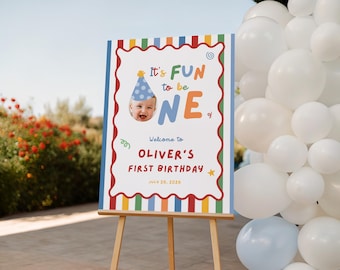 Fun to Be One Birthday Welcome Sign, One is Fun Party Hat Birthday Sign, Colorful Boy First Birthday Sign, Custom Photo 1st Birthday