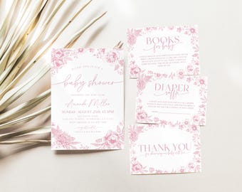 Toile De Jouy Pink Baby Shower Invitation Pink Baby Shower Bundle Vintage Elegant Chinoiserie Pink Floral Baby Invitation Girl Baby Shower