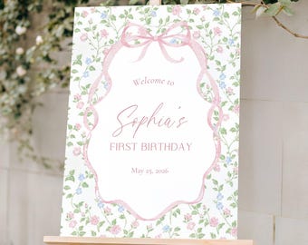 Vintage Floral Birthday Welcome Sign, Pink Bow First Birthday Sign, Trendy Coquette Birthday Sign, Girly Any Age Welcome Sign, Garden Party