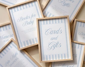 Blue Baby Shower Signs Bundle Template, Editable Baby Shower 8x10 Sign Templates, Baby Boy Shower Decor, Preppy Blue Stripe Signs