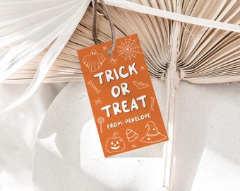 Halloween Gift Tags Printable, Whimsical Halloween Treat Tags, Trick or Treat Tag, Candy Favor Tags, Editable Name, Classroom Halloween Tags