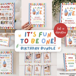 Fun to Be One Birthday Invitation, One is Fun Party Hat Birthday Party, Colorful Boy First Birthday Invite, Custom Photo 1st Birthday Invite image 3
