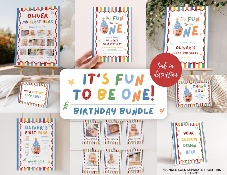 Fun to Be One Birthday Invitation, One is Fun Party Hat Birthday Party, Colorful Boy First Birthday Invite, Custom Photo 1st Birthday Invite image 3
