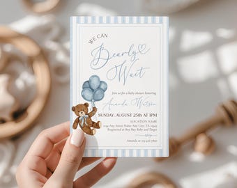 We Can Bearly Wait Baby Shower Invite, Boy Teddy Bear Baby Shower, Blue Striped Teddy Bear Invitation, Boho Blue Baby Sprinkle Invitation
