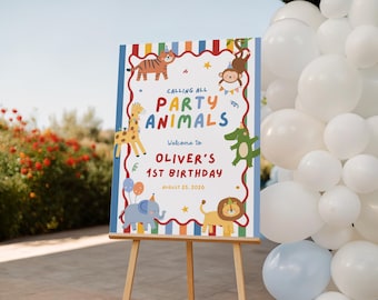 Calling All Party Animals Welcome Sign, Safari Animals with Party Hat Birthday Sign, Colorful Boy First Birthday Welcome Sign, Fun To Be One