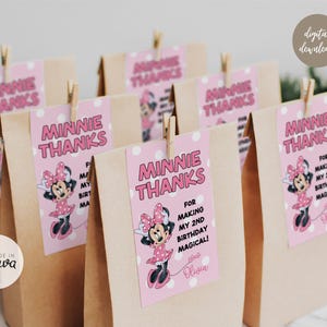 May include: Brown paper gift bags with pink Minnie Mouse themed tags. The tags read "Minnie Thanks" and include a Minnie Mouse graphic. The tags are held in place with small wooden clothespins. The text on the tag says "For making my 2nd birthday magical!"
