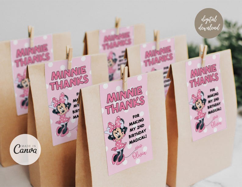 May include: Brown paper gift bags with pink Minnie Mouse themed tags. The tags read "Minnie Thanks" and include a Minnie Mouse graphic. The tags are held in place with small wooden clothespins. The text on the tag says "For making my 2nd birthday magical!"
