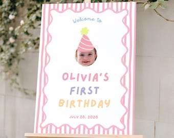 Fun to Be One Birthday Welcome Sign, One is Fun Party Hat Birthday Sign, Colorful Girl First Birthday Sign, Custom Photo 1st Birthday