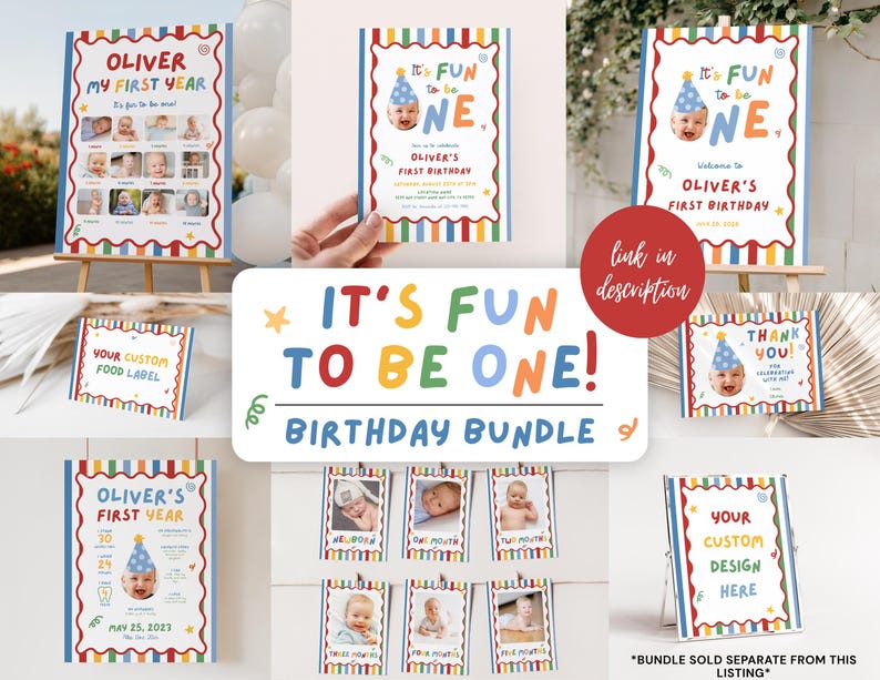 Geburtstagsschild „Ein Jahr wird lustig“, Partyhut-Geburtstagsschild „Eins ist lustig“, buntes Schild zum ersten Geburtstag für Jungen, personalisiertes Foto zum ersten Geburtstag Bild 3