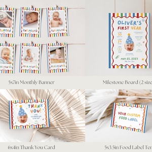 May include: A collection of baby milestone stationery featuring a colorful striped border. Includes six 5x7in monthly photo cards, a milestone board, a 6x4in thank you card, and a 5x3.5in food label tent, all displaying playful text and graphics.