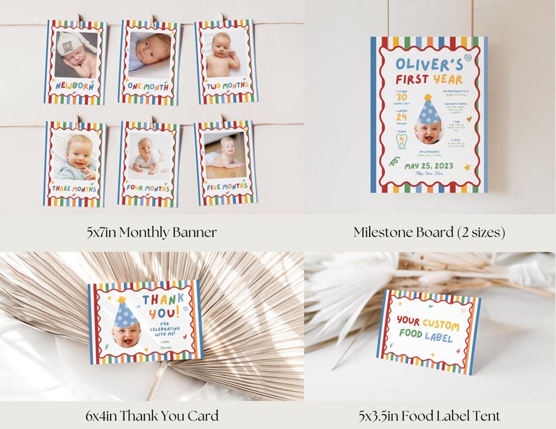 May include: A collection of baby milestone stationery featuring a colorful striped border. Includes six 5x7in monthly photo cards, a milestone board, a 6x4in thank you card, and a 5x3.5in food label tent, all displaying playful text and graphics.