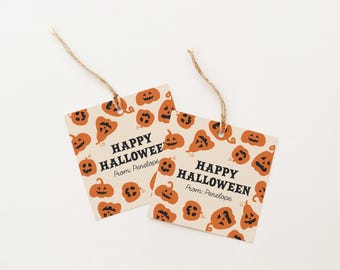 Happy Halloween Gift Tags Printable, Halloween Treat Tags, No Tricks Just Treats, Candy Favor Tags, Editable Name Classroom Halloween Tags