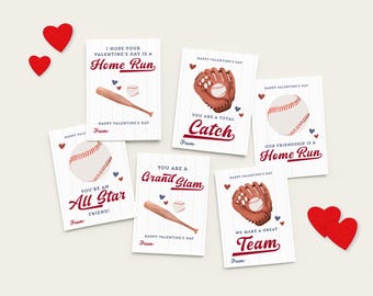 Könnte beinhalten: Eine Sammlung von Valentinstagskarten mit Baseball-Motiven. Jede Karte zeigt Baseballschläger, Handschuhe und Bälle mit Sätzen wie "Home Run" und "Grand Slam". Rote Herzen akzentuieren die Karten. Die Karten sind weiß mit rotem und blauem Text.