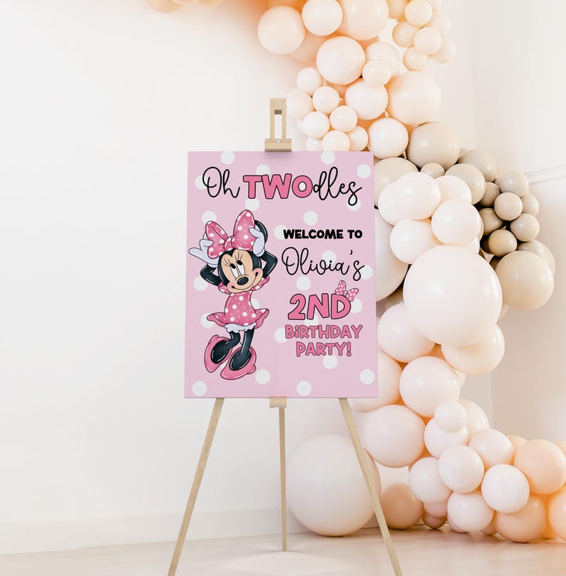 Oh Twodles födelsedagsvälkomstskylt Redigerbar Minnie 2-års födelsedagsskylt Söt mus andra födelsedag Oh Twodles inbjudan Boho flicka Minnie inbjudan bild 1