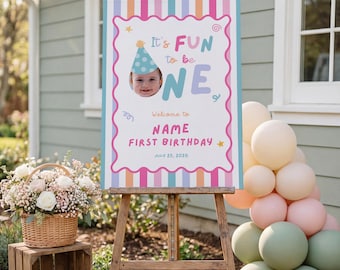 Fun to Be One Birthday Welcome Sign, One is Fun Party Hat Birthday Sign, Colorful Girl First Birthday Sign, Custom Photo 1st Birthday
