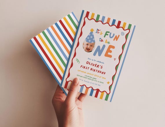 Fun to Be One Birthday Invitation, One is Fun Party Hat Birthday Party, Colorful Boy First Birthday Invite, Custom Photo 1st Birthday Invite