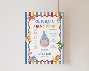 Party Animals Birthday Milestone Sign, Safari Animals Party Hat Birthday Sign, Colorful Boy First Milestone Board, Custom Photo 1st Birthday