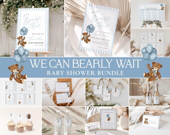 We Can Bearly Wait Baby Shower Bundle, Blue Luxury Teddy Bear Baby Shower Bundle, Baby Boy Preppy Striped Watercolor Teddy Bear Bundle Set