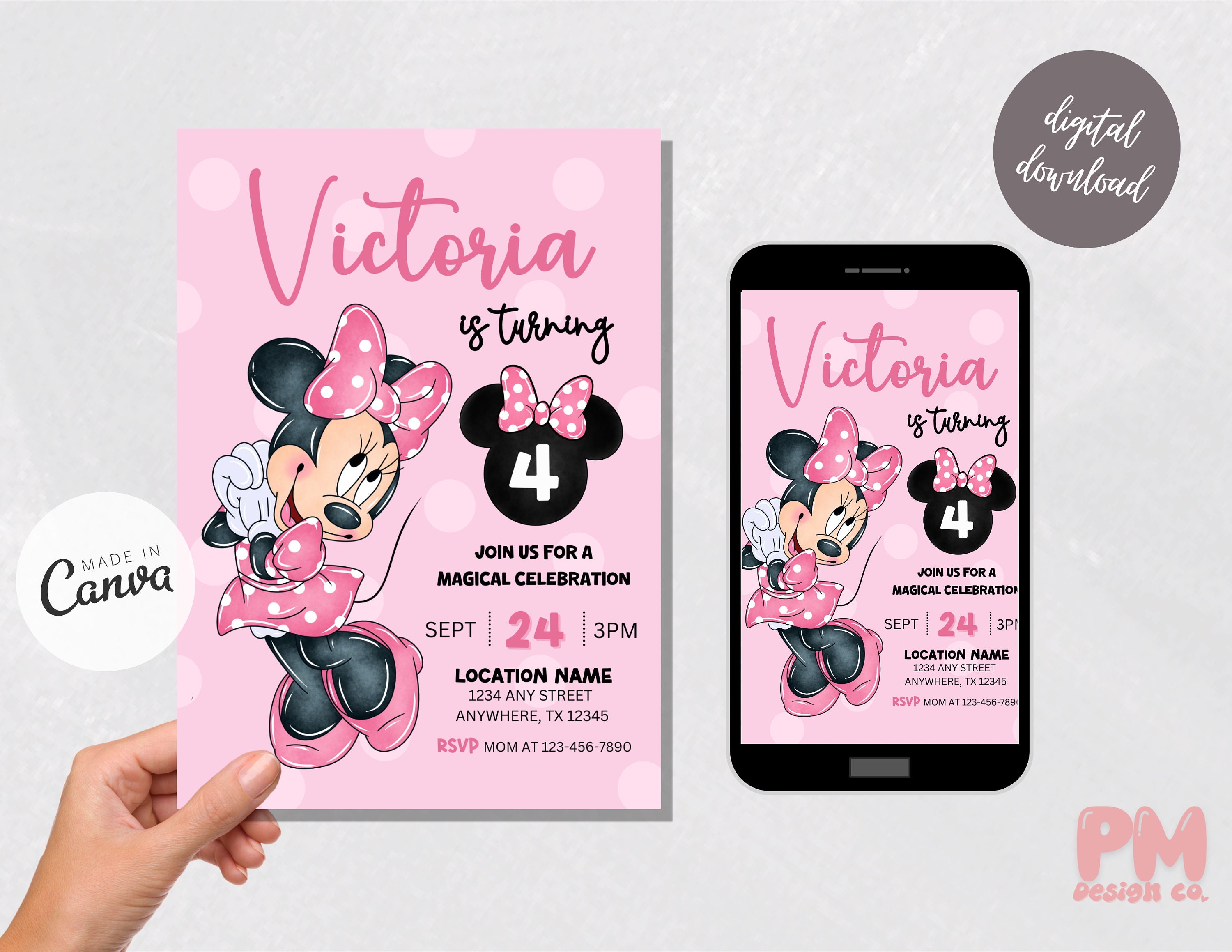 Editable Minnie Birthday Invitation for Any Age Digital Cute Mouse ...