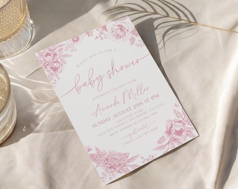 Toile De Jouy Pink Baby Shower Invitation Pink Baby Shower Invite Vintage Elegant Chinoiserie Pink Floral Baby Invitation Girl Baby Shower