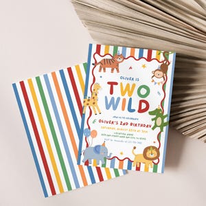 May include: A colorful invitation for a second birthday party with the text "TWO WILD". The invitation features cartoon animals like a tiger, giraffe, monkey, crocodile, elephant, and lion. The back of the invitation has vertical stripes in various colors.
