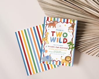 Two Wild Birthday Invite, Safari Animal Birthday Party, Editable Colorful 2nd Birthday Invite, Born Two Be Wild Party, Ready Two Party