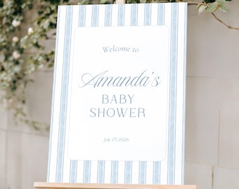 Blue Striped Baby Shower Welcome Sign, Boy Baby Shower Welcome Sign, Editable Baby Sprinkle Sign, Preppy Blue Baby Shower Welcome Sign