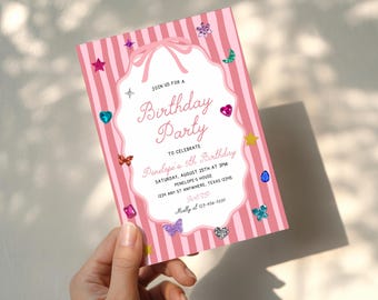 Whimsical Gemstone Birthday Party Invitation, Bedazzled Girly Birthday Invite, She's a Gem Party, Pink Striped Coquette Bow Birthday Invite