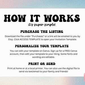 May include: A white rectangular graphic with the text "HOW IT WORKS" in bold black letters. The text explains the steps: purchase the listing, personalize the template, and print or send. The background has a soft, pastel color gradient.