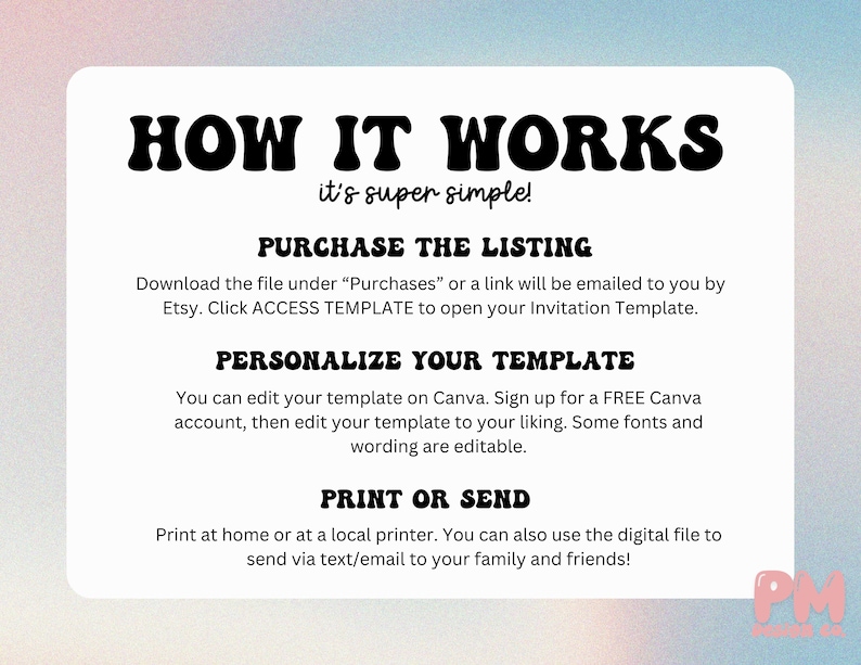 May include: A white rectangular graphic with the text "HOW IT WORKS" in bold black letters. The text explains the steps: purchase the listing, personalize the template, and print or send. The background has a soft, pastel color gradient.