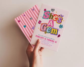 Whimsical Gemstone Birthday Party Invitation, She's a Gem Bedazzled Girl Birthday, Colorful Jewel Party, Y2K Ransom Letter Party Invite