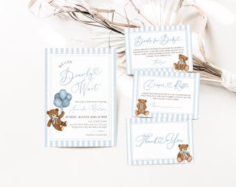We Can Bearly Wait Baby Shower Bundle, Boy Teddy Bear Baby Shower Bundle, Blue Striped Teddy Bear Bundle Invitation Set, Baby Boy Sprinkle