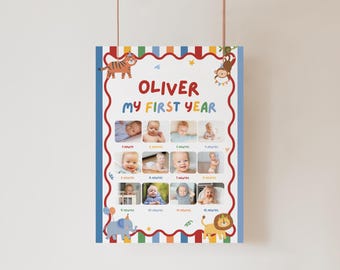 Party Animals Photo Board, Safari Animals Party Hat Birthday Milestone Sign, Colorful Boy First Birthday Board, Custom Photo 1st Birthday