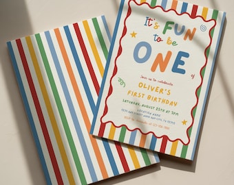 Fun to Be One Birthday Invitation, One is Fun Party Hat Birthday Party, Colorful Boy First Birthday Invite, One Year Birthday Party Invite