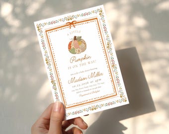 Patchwork Pumpkin Baby Shower Invite, Whimsical Fall Floral Baby Shower Invite, Autumn Baby Shower,  Elegant Invite, Gender Neutral Shower
