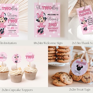 May include: Pink Minnie Mouse themed party supplies, including invitations, a welcome sign, thank you tags, cupcake toppers, and treat tags. The invitation is 5x7 inches, the welcome sign is 18x24 inches, and the thank you tags are 2x3.5 inches.