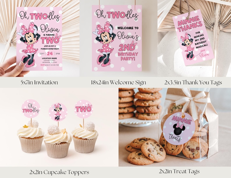 May include: Pink Minnie Mouse themed party supplies, including invitations, a welcome sign, thank you tags, cupcake toppers, and treat tags. The invitation is 5x7 inches, the welcome sign is 18x24 inches, and the thank you tags are 2x3.5 inches.