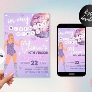 May include: A lavender birthday invitation with a disco ball graphic and the text "in my BIRTHDAY ERA". The invitation features a cartoon illustration of a woman in a sparkly bodysuit. The date is September 22.