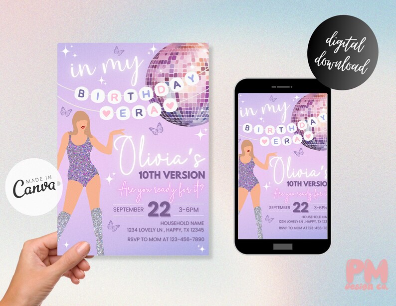 May include: A lavender birthday invitation with a disco ball graphic and the text "in my BIRTHDAY ERA". The invitation features a cartoon illustration of a woman in a sparkly bodysuit. The date is September 22.