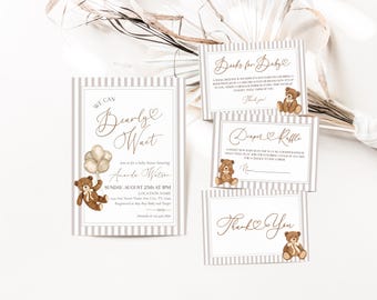 We Can Bearly Wait Baby Shower Bundle, Gender Neutral Teddy Bear Baby Shower Bundle, Striped Teddy Bear Bundle Invitation Set, Baby Sprinkle