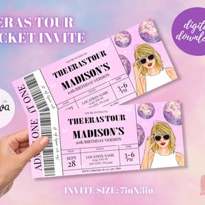 Bearbeitbares Taylor Eras Party Ticket einladen Überraschung Musik Ticket Stub in meiner Geburtstags-Ära Trendy Taylor Invite Ts Konzertandenken Erinnerungsstücke