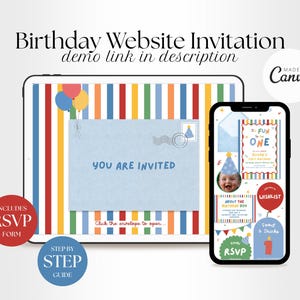 May include: A digital birthday website invitation displayed on a tablet and smartphone. The tablet shows a striped background with an envelope graphic and the text "YOU ARE INVITED". The smartphone displays a mobile-friendly event page layout.