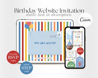 Fun To Be One Birthday Invitation Website Template, Colorful Boy 1st Birthday Party Hat Invite with RSVP and Wishlist, Digital Canva Website