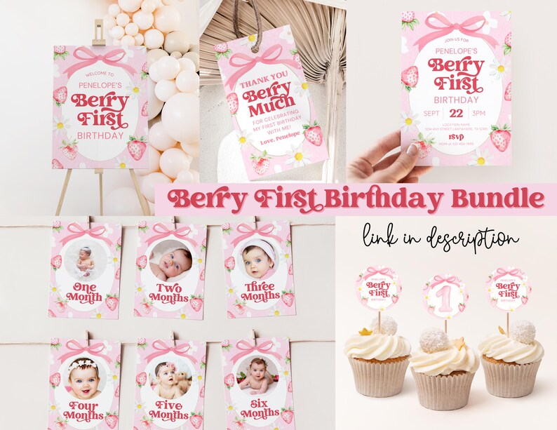 Puede incluir: Un paquete de fiesta de primer cumplea&ntilde;os imprimible rosa y blanco con tem&aacute;tica de bayas. El paquete incluye un cartel de bienvenida, una tarjeta de agradecimiento, una invitaci&oacute;n, tarjetas de hitos mensuales y adornos para cupcakes. El texto de la invitaci&oacute;n dice "Penelope's Berry First Birthday".