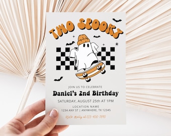 Editable Halloween 2nd Birthday Invitation Two Spooky Invite Boy 2nd Birthday Invite Retro Skateboard Ghost Minimalist Halloween Invite