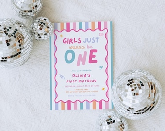 Girls Just Wanna Be One Birthday Invitation, Fun to be One Birthday Party, Colorful Striped First Birthday, Retro Girls 1st Birthday Invite